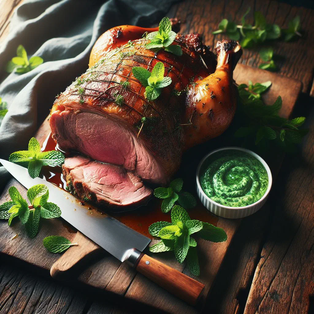 Sliced roast lamb served with fresh green mint sauce