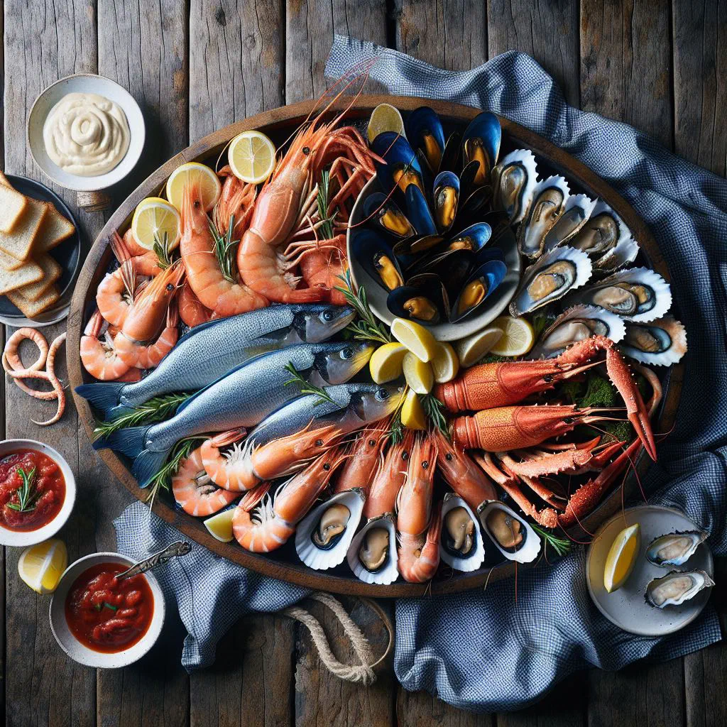 Seafood platter with prawns, oysters, mussels, lemon wedges and dipping sauces