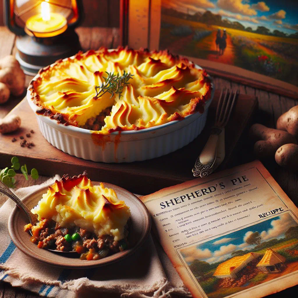 Golden-topped shepherd's pie in a baking dish with creamy mashed potato