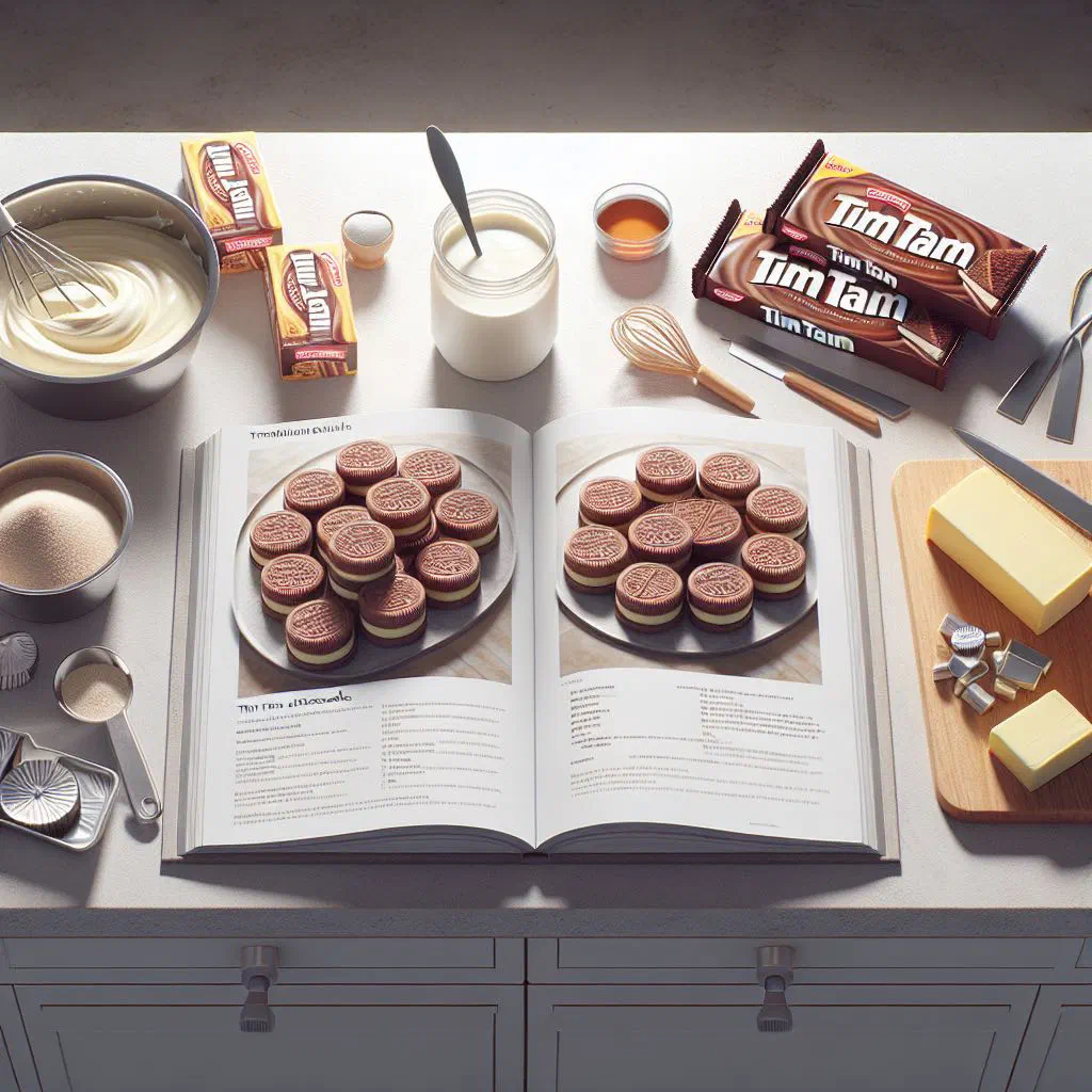 Tim Tam cheesecake topped with chocolate biscuits on a serving plate