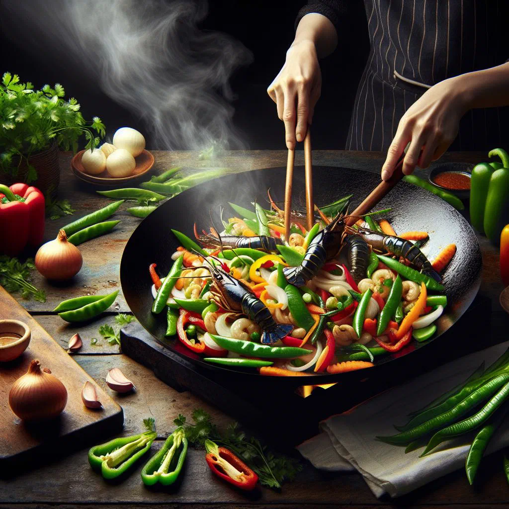 Yabbie stir-fry with crayfish tails and colourful vegetables in a wok