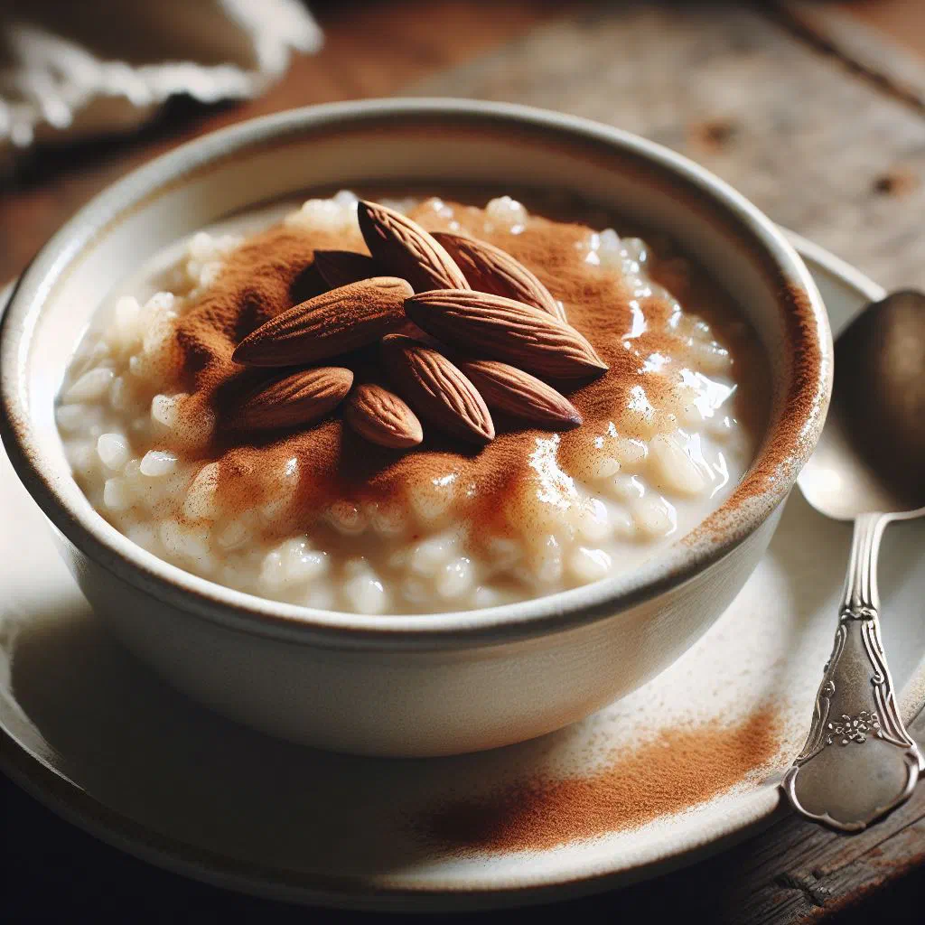Creamy almond milk rice pudding dusted with cinnamon and topped with chopped almonds