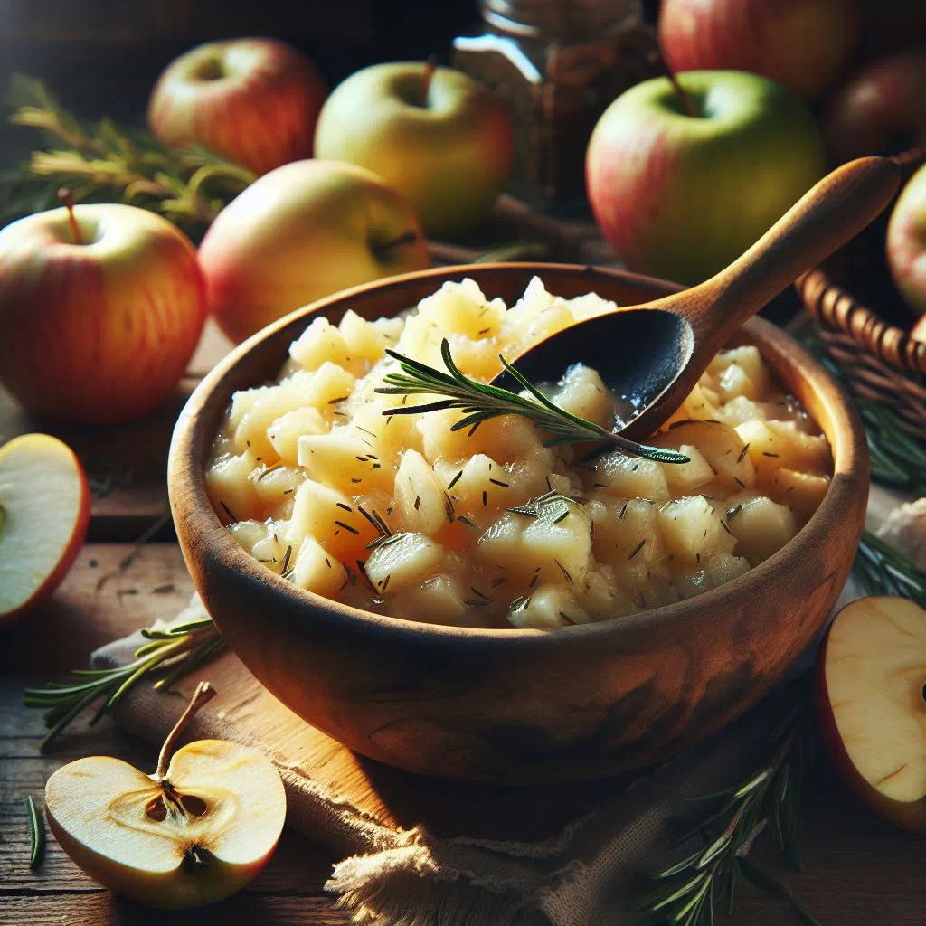 Warm apple and rosemary compote in a glass with a sprig of fresh rosemary