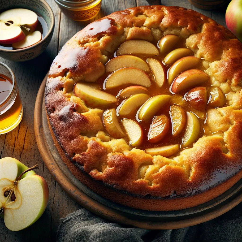 Slice of golden Austrian apple cider cake dusted with icing sugar