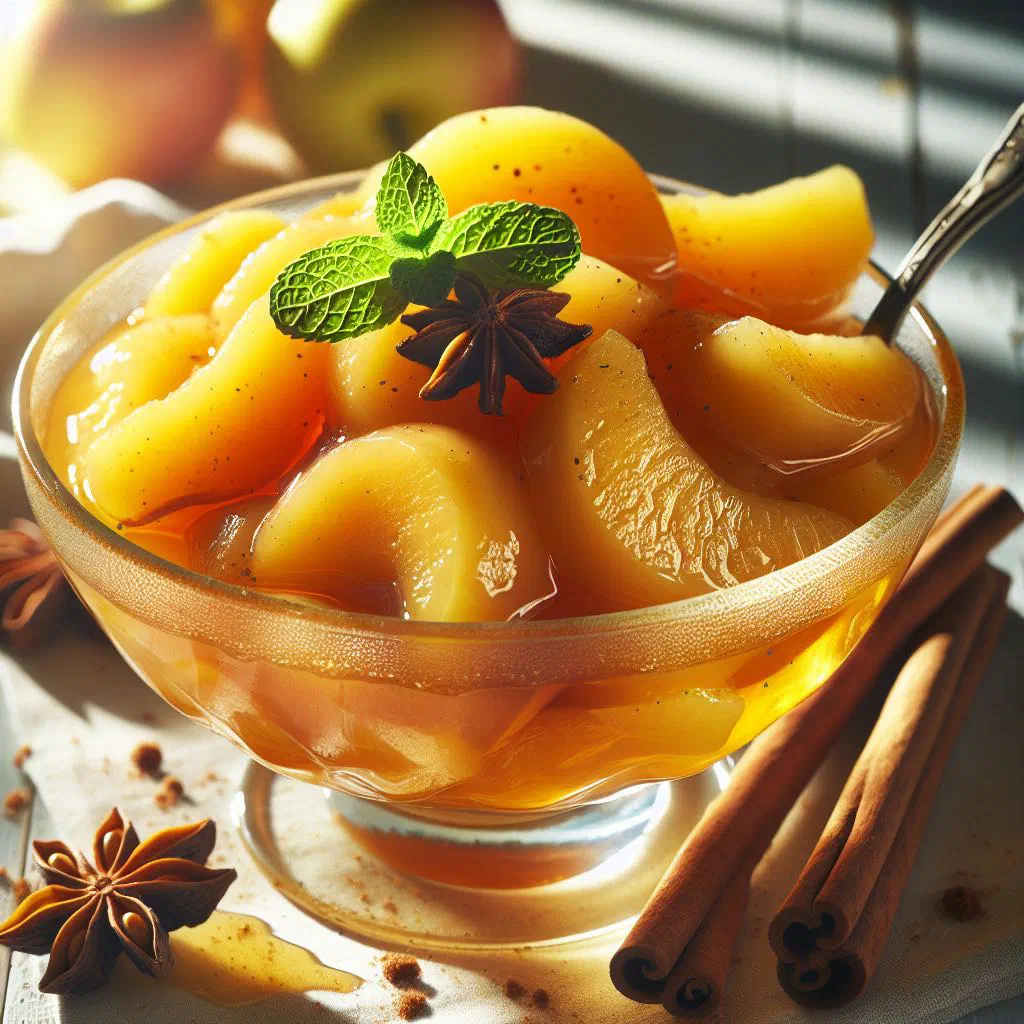 Warm apple compote in a glass dish dusted with cinnamon