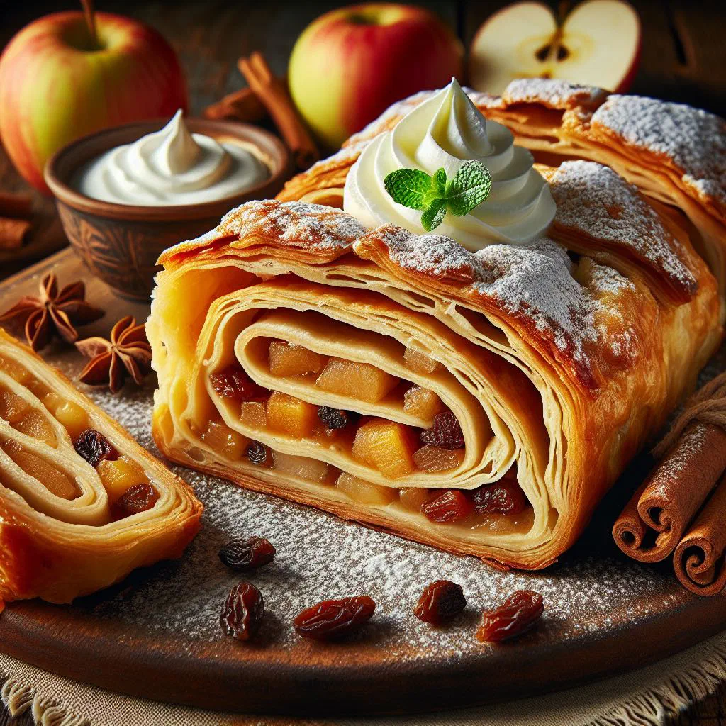 Slices of golden apple strudel dusted with icing sugar