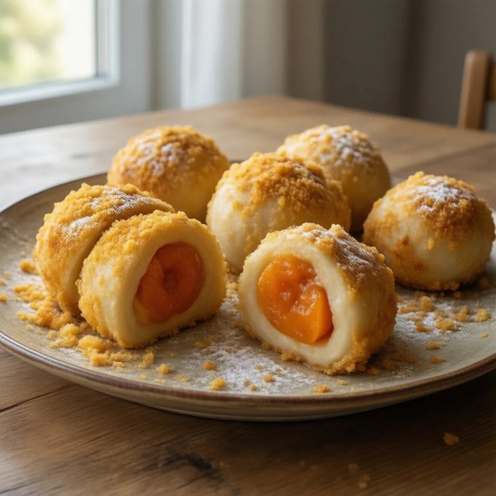 Austrian apricot dumplings rolled in buttery breadcrumbs and dusted with icing sugar