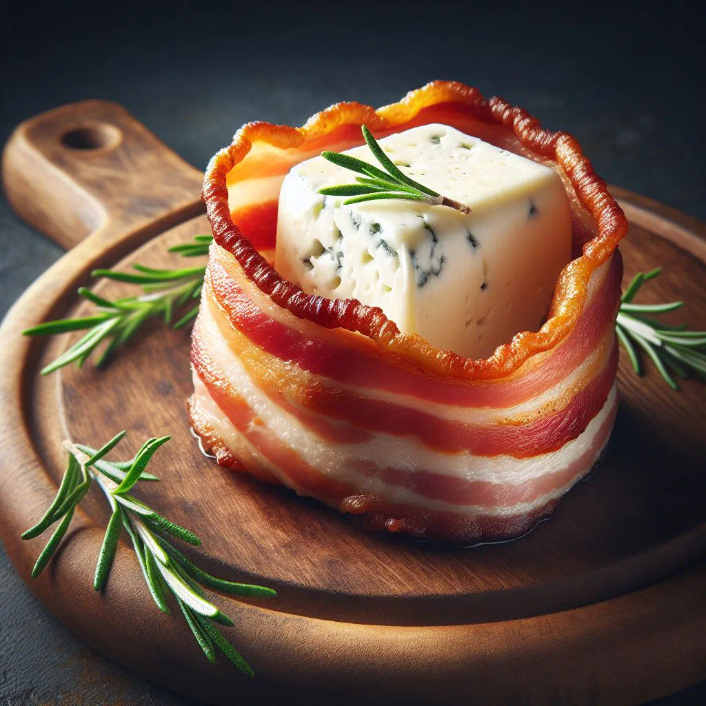 Golden, pan-fried bacon-wrapped sheep's cheese parcels garnished with fresh herbs