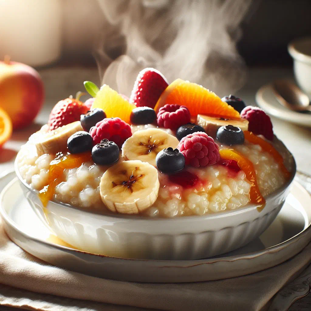 Golden baked rice pudding with fruit dusted with icing sugar