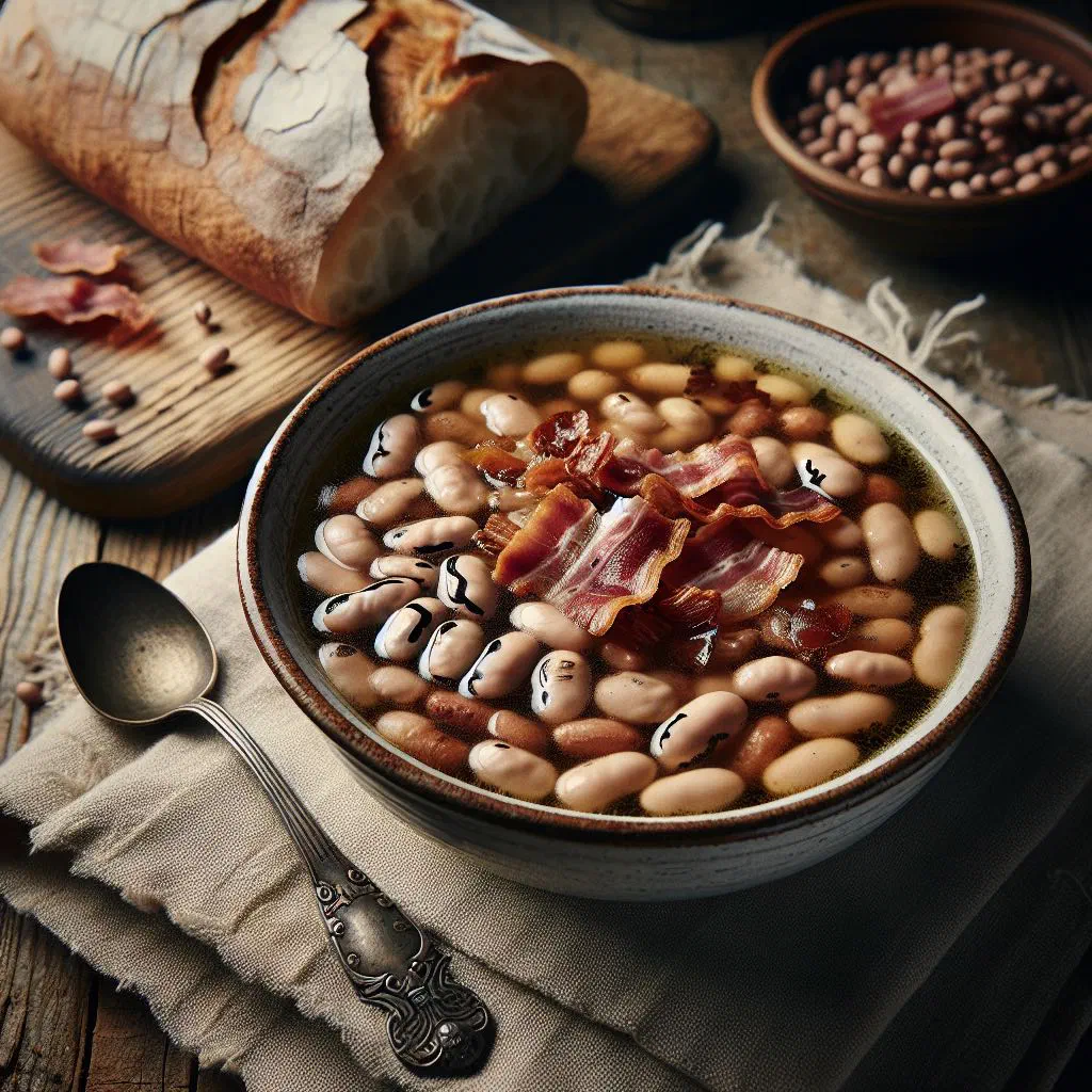 A bowl of hearty Austrian bean soup with bacon, garnished with fresh parsley