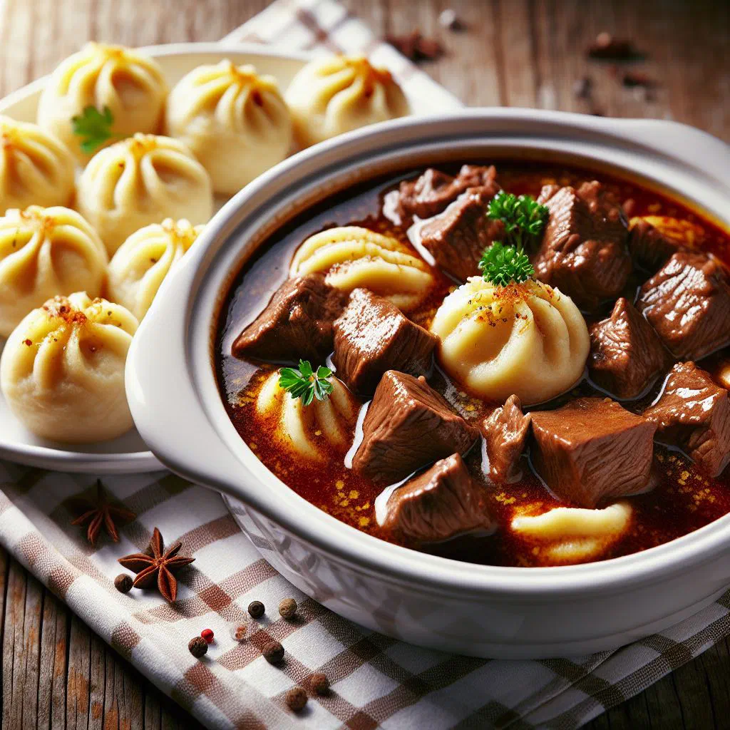 Austrian beef goulash with rich paprika sauce served alongside bread dumplings