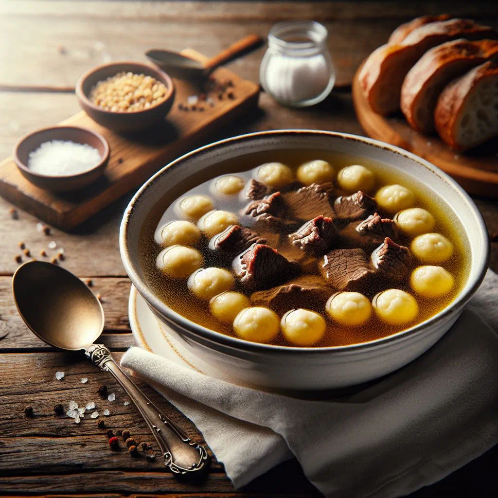 Clear beef broth with fluffy semolina dumplings and chopped parsley