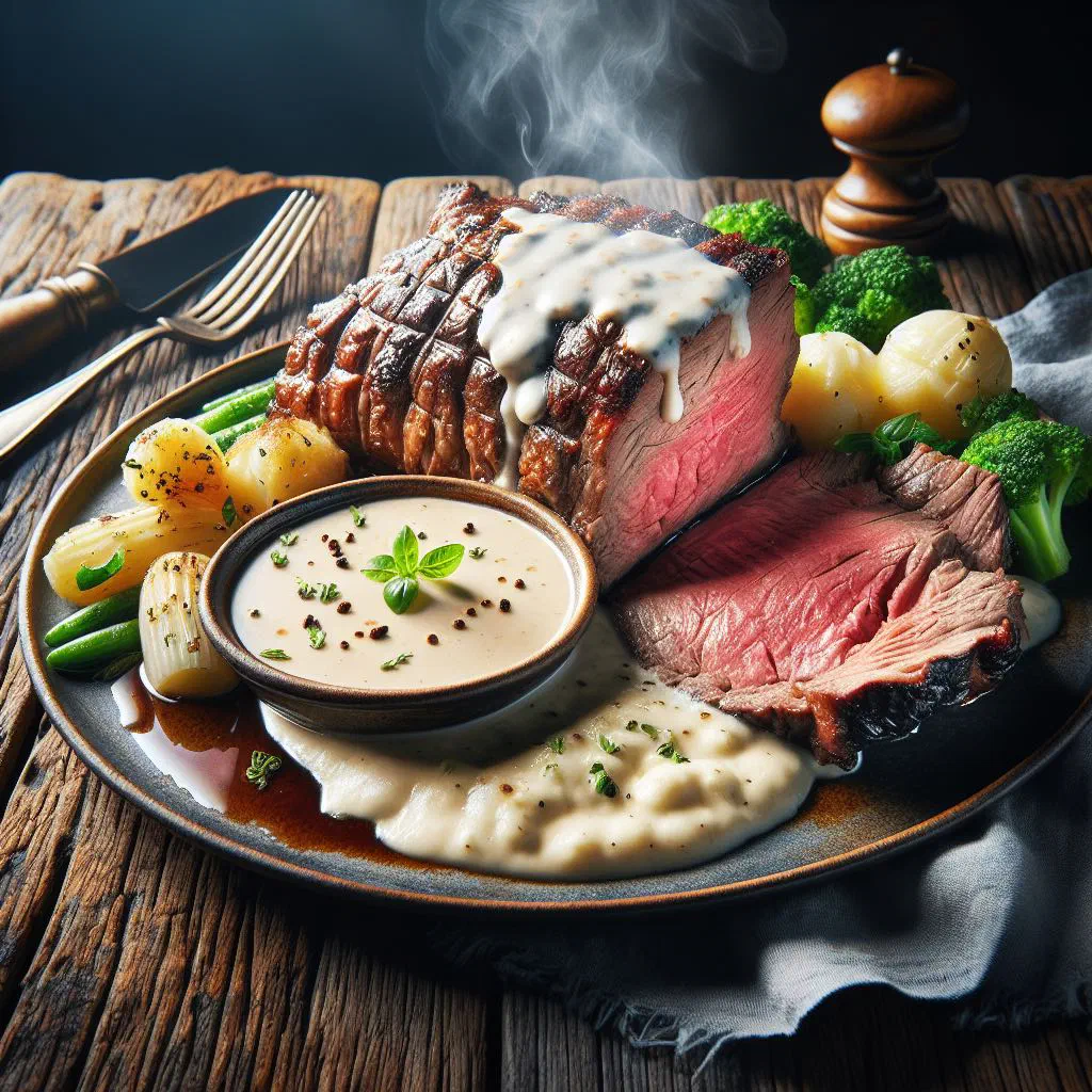 Sliced beef tenderloin served with a creamy sauce on a plate
