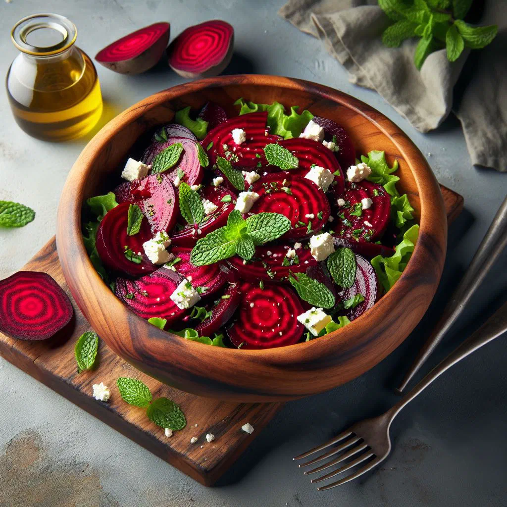 Austrian beetroot salad with onion rings and fresh herbs