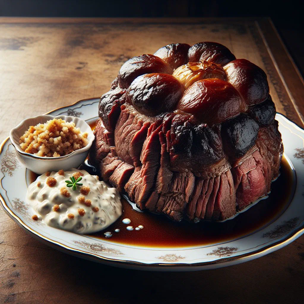 Sliced boiled beef served with a creamy breadcrumb and horseradish sauce