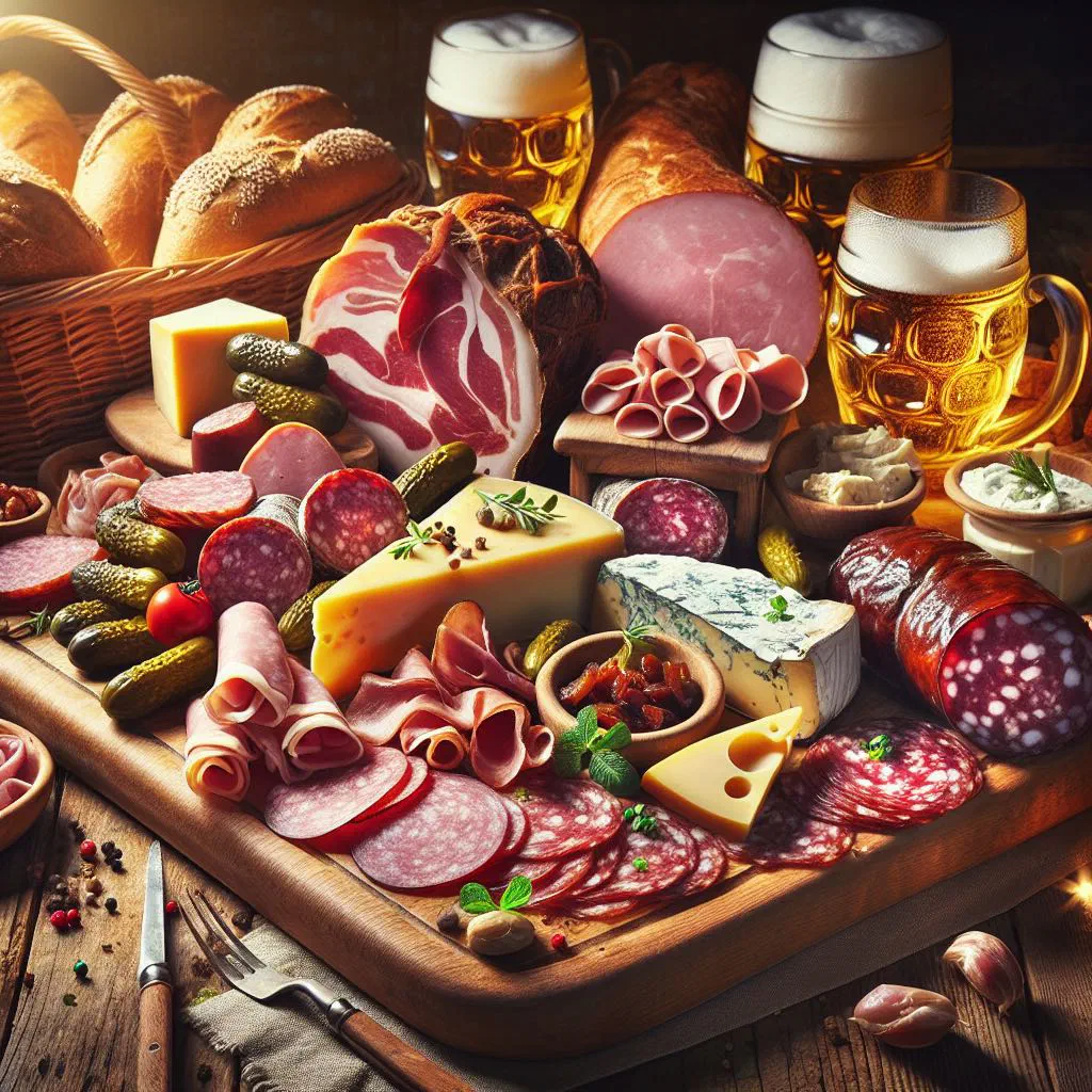 Austrian brettljause platter with cold cuts, cheese, bread and pickles on a wooden board