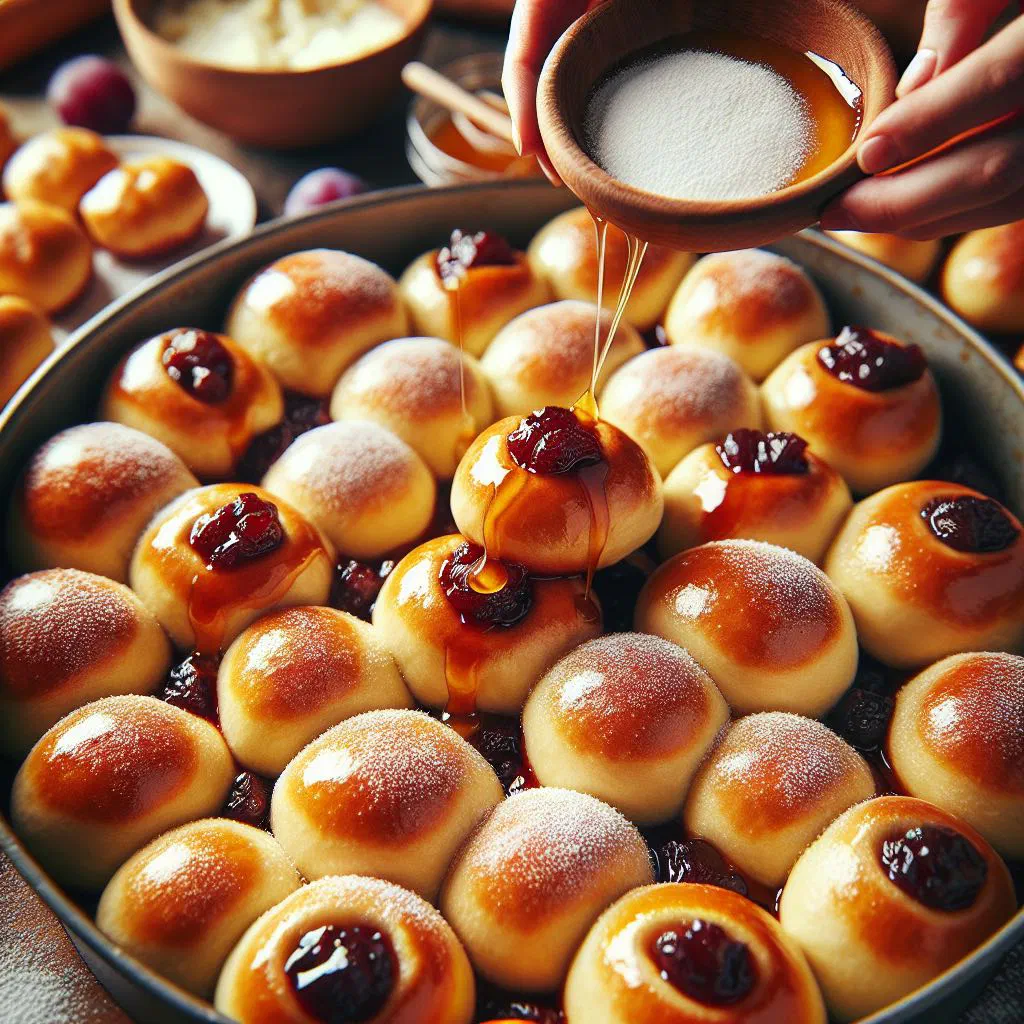 Golden Buchteln dusted with icing sugar in a baking dish