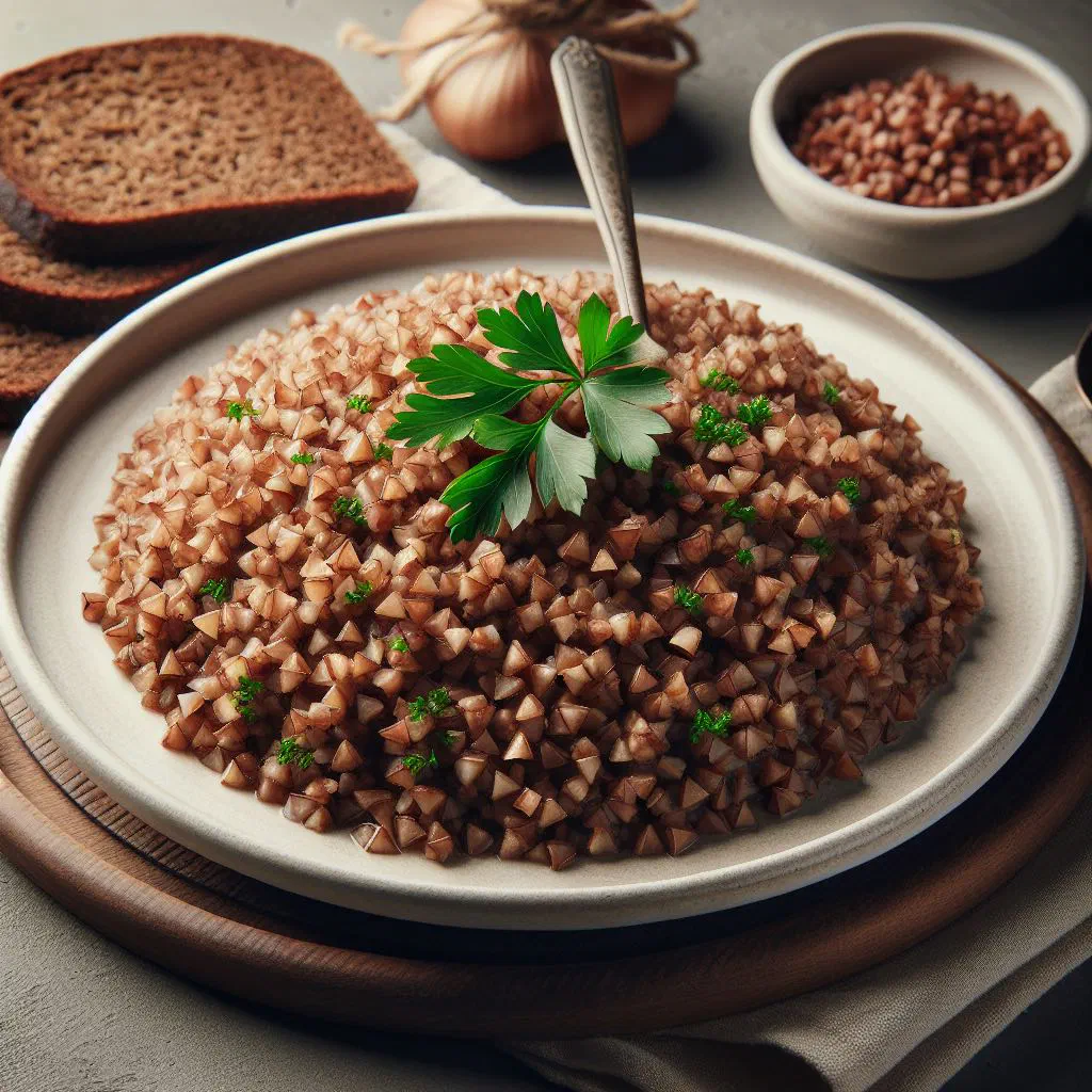 A bowl of creamy buckwheat sterz topped with golden fried onions