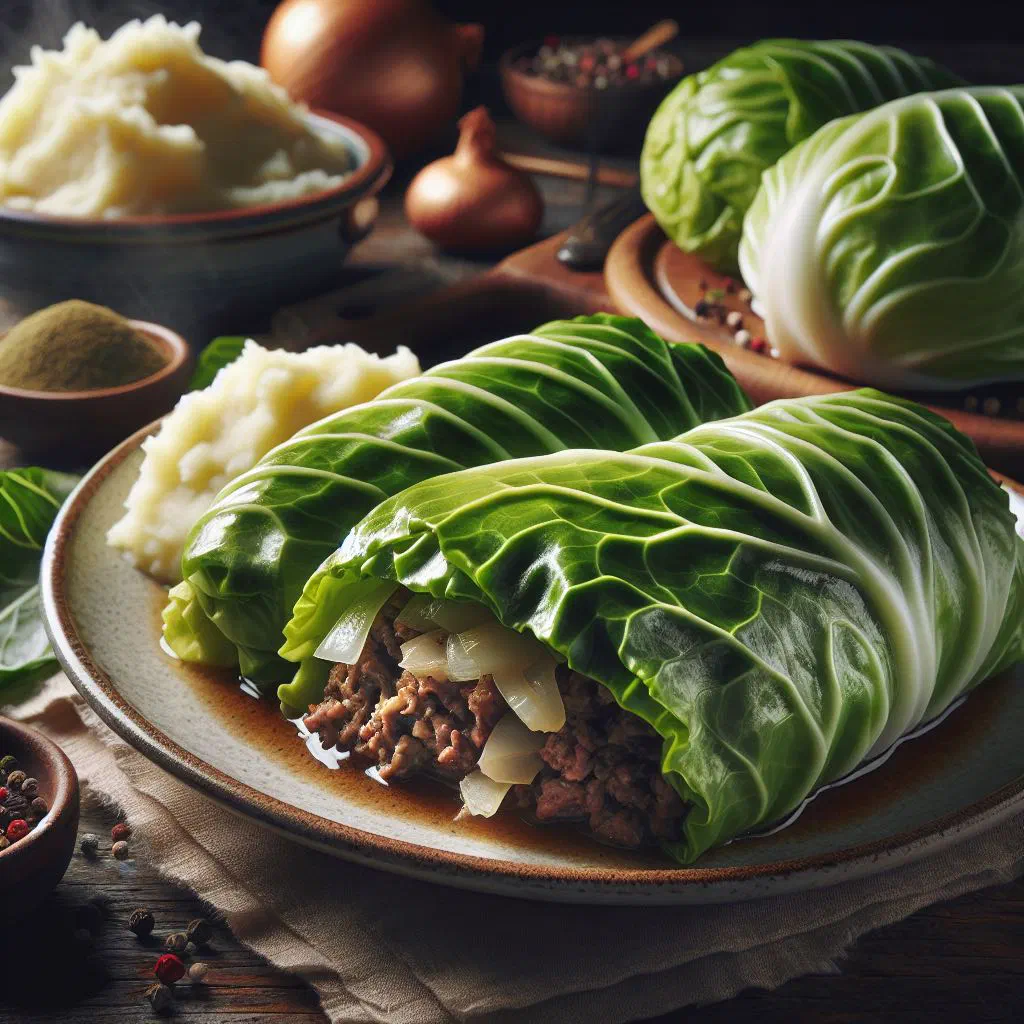 Austrian cabbage rolls in a rich broth garnished with fresh herbs