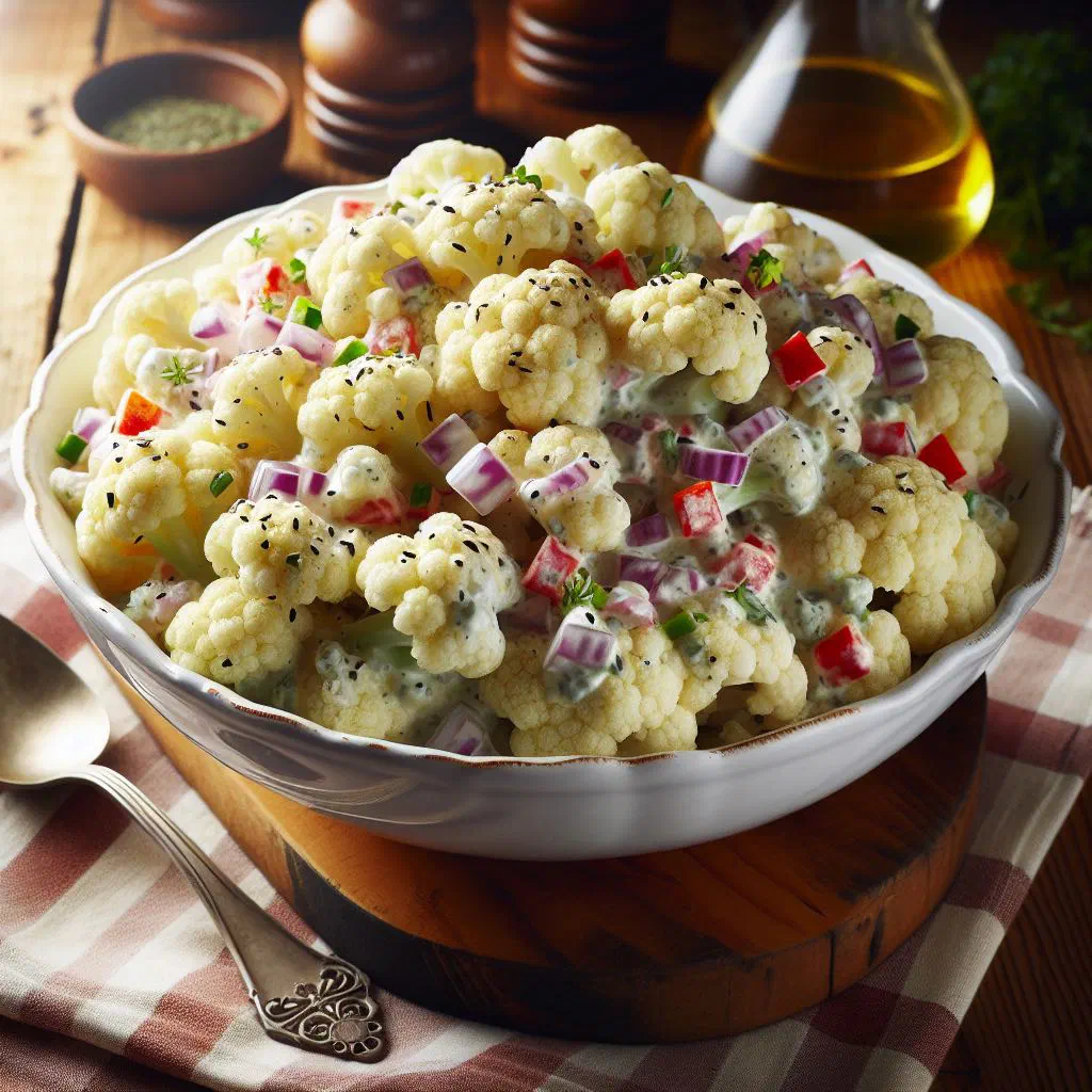 Austrian cauliflower salad with red onion and fresh herbs in a bowl