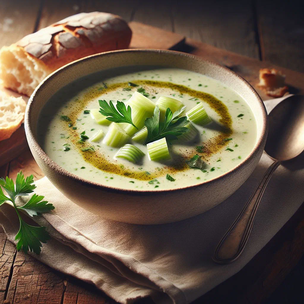Bowl of creamy Austrian celery soup garnished with fresh herbs