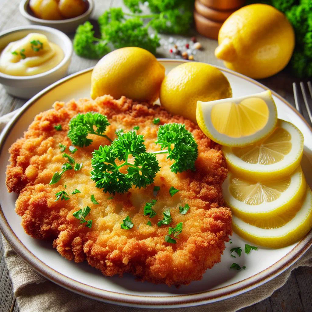 Golden breaded celeriac schnitzel with lemon and fresh parsley