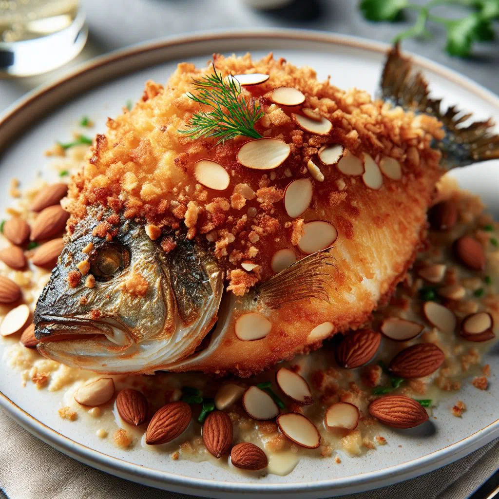 Baked char fillet with a golden almond crust, garnished with fresh herbs and lemon