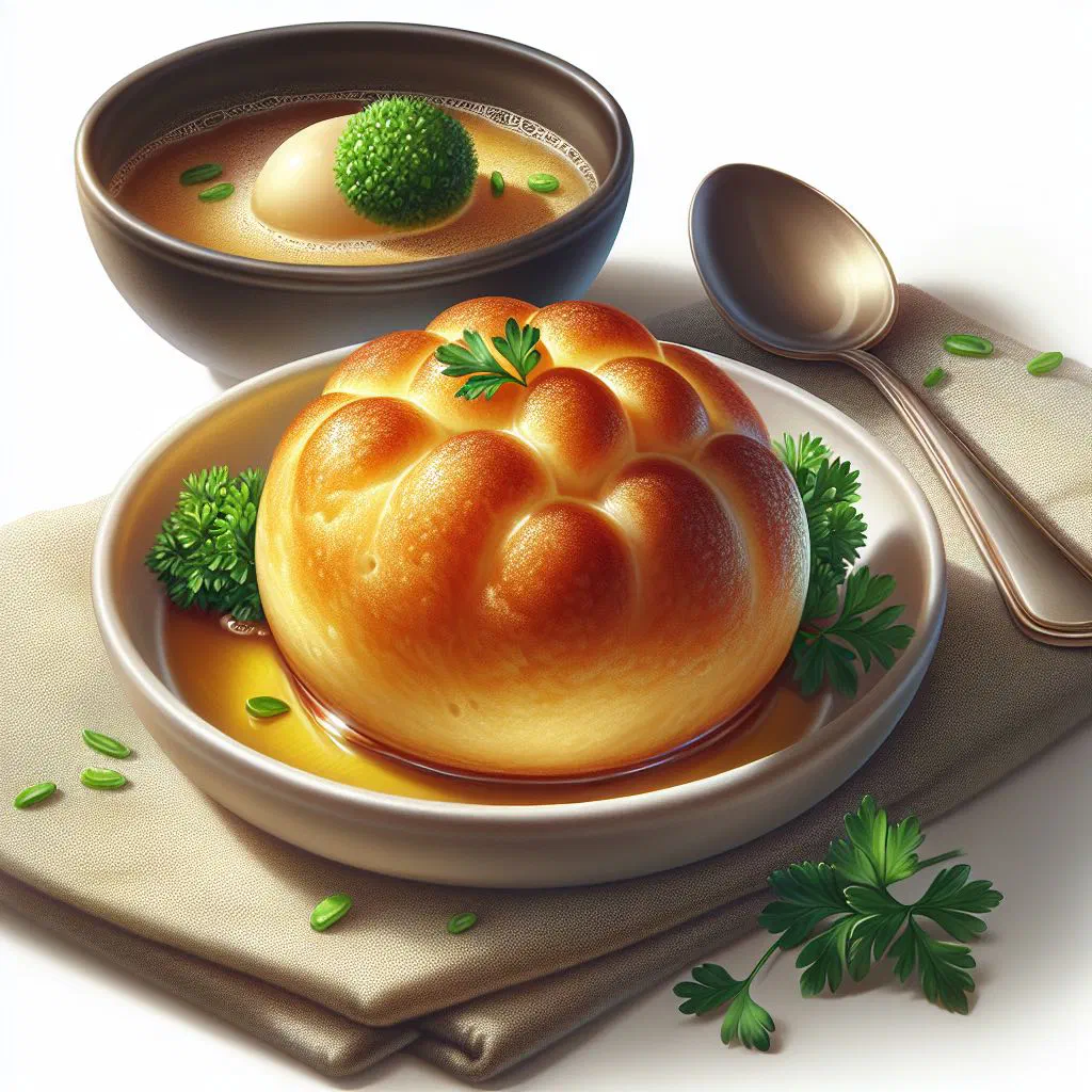 Golden pan-fried Austrian cheese dumplings served in a clear broth