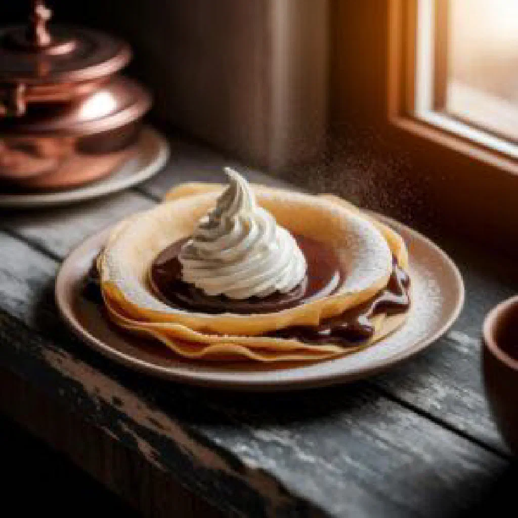 Rolled chocolate palatschinken dusted with icing sugar on a plate