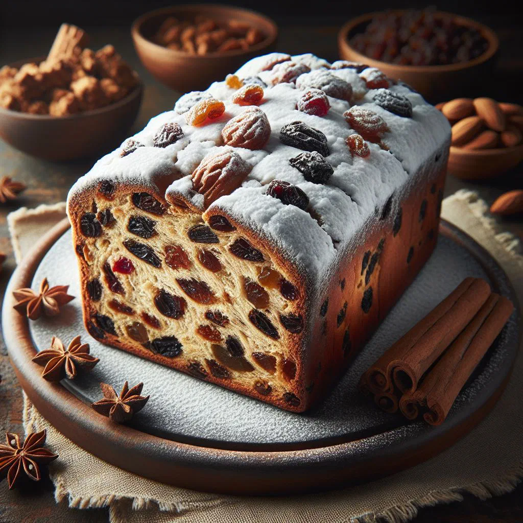 Sliced Christstollen dusted with icing sugar on a festive plate