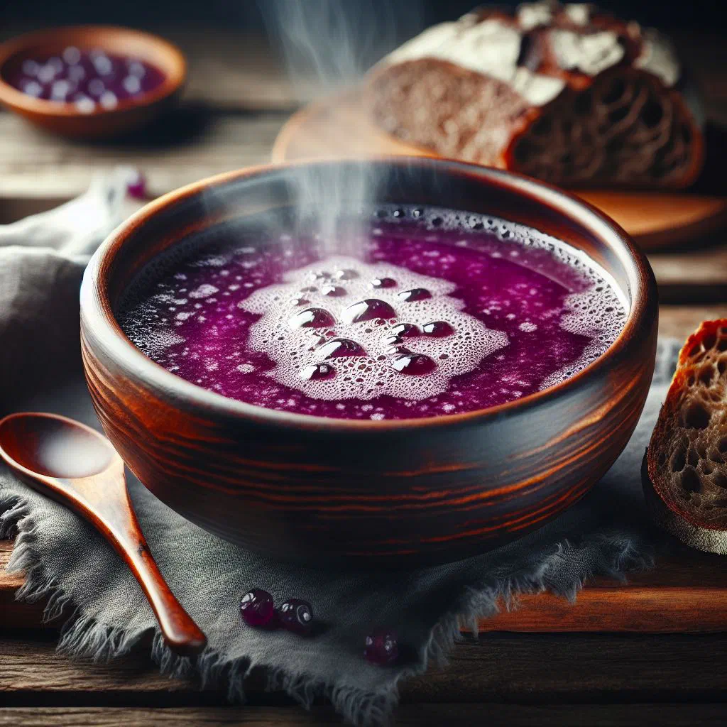 A warm bowl of Austrian cider soup garnished with fresh herbs
