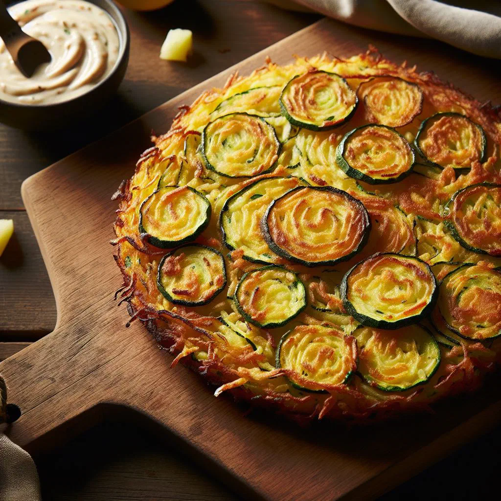 Golden, crispy courgette rösti served on a plate with fresh herbs