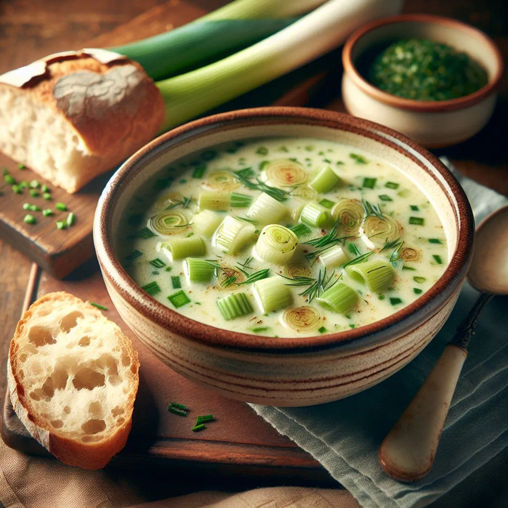 A bowl of creamy leek soup garnished with fresh herbs