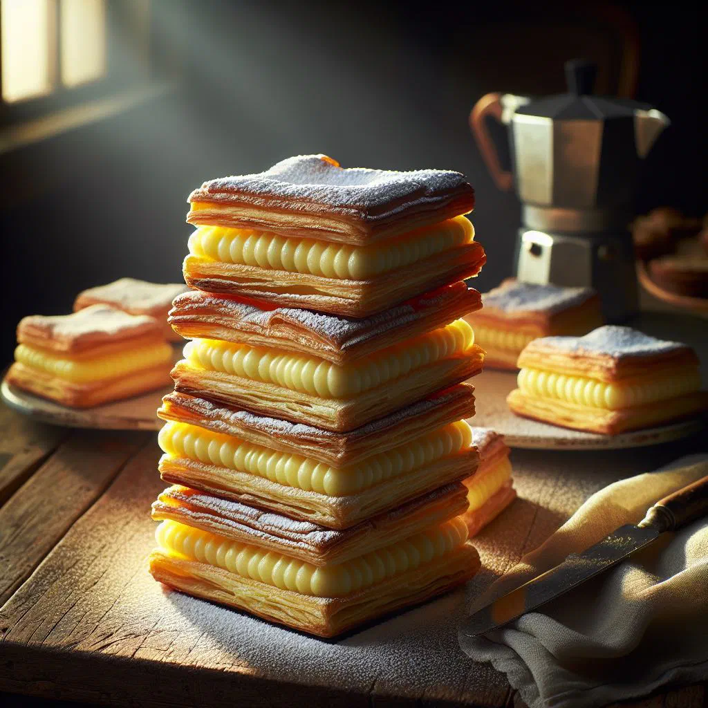 Austrian cream slices with puff pastry layers, vanilla custard filling and a dusting of icing sugar