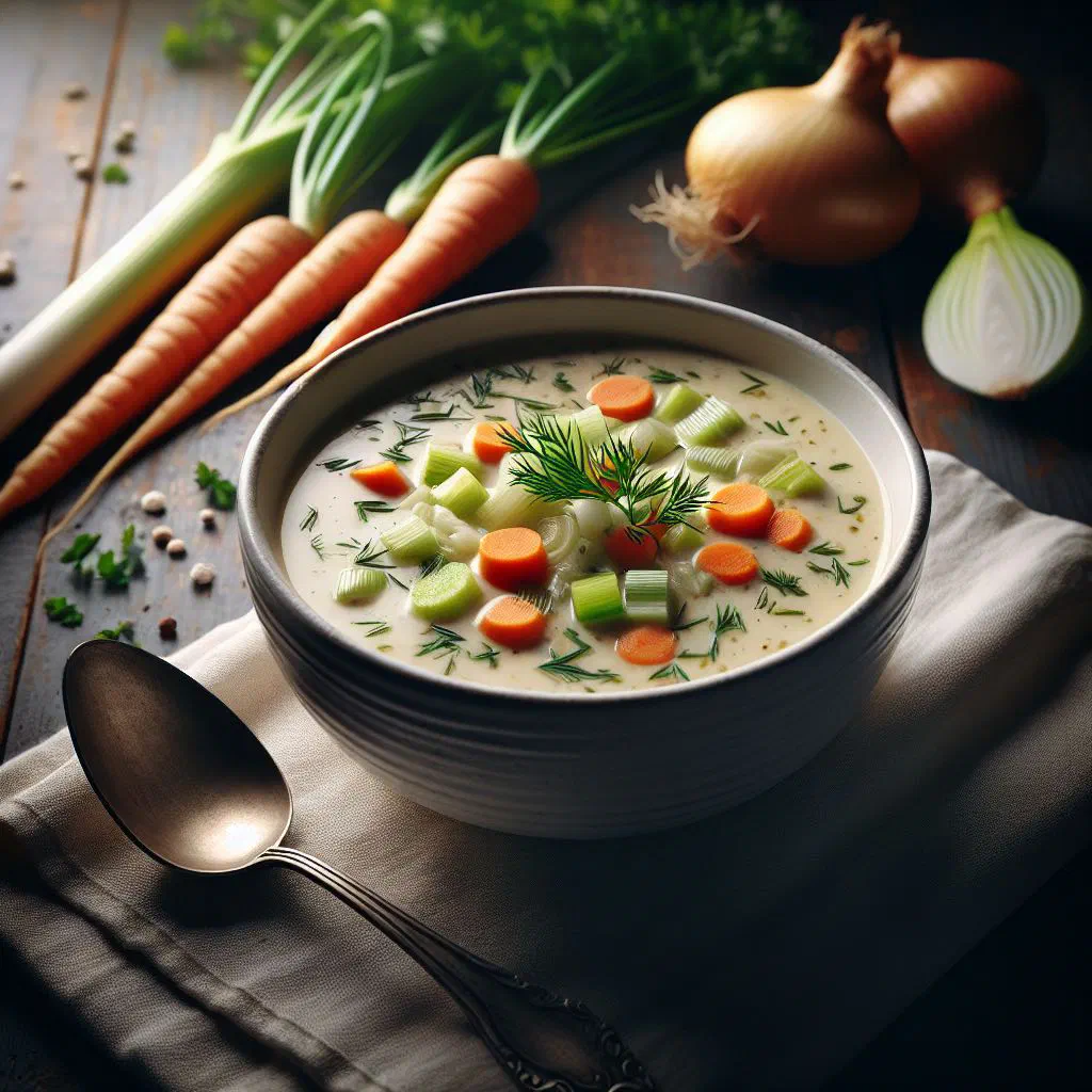 A bowl of creamy Austrian cream soup garnished with fresh herbs