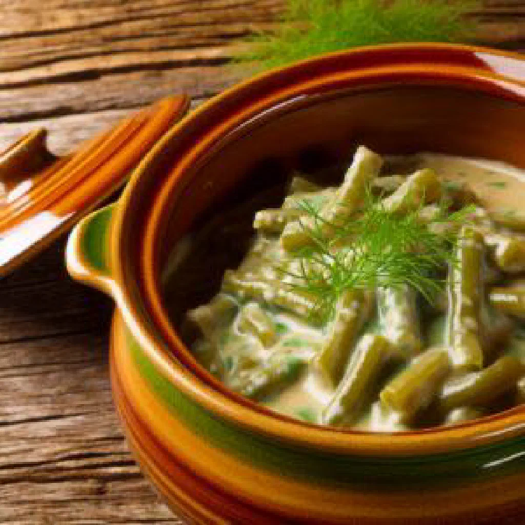 Creamy green beans in a sour cream sauce served in a light bowl