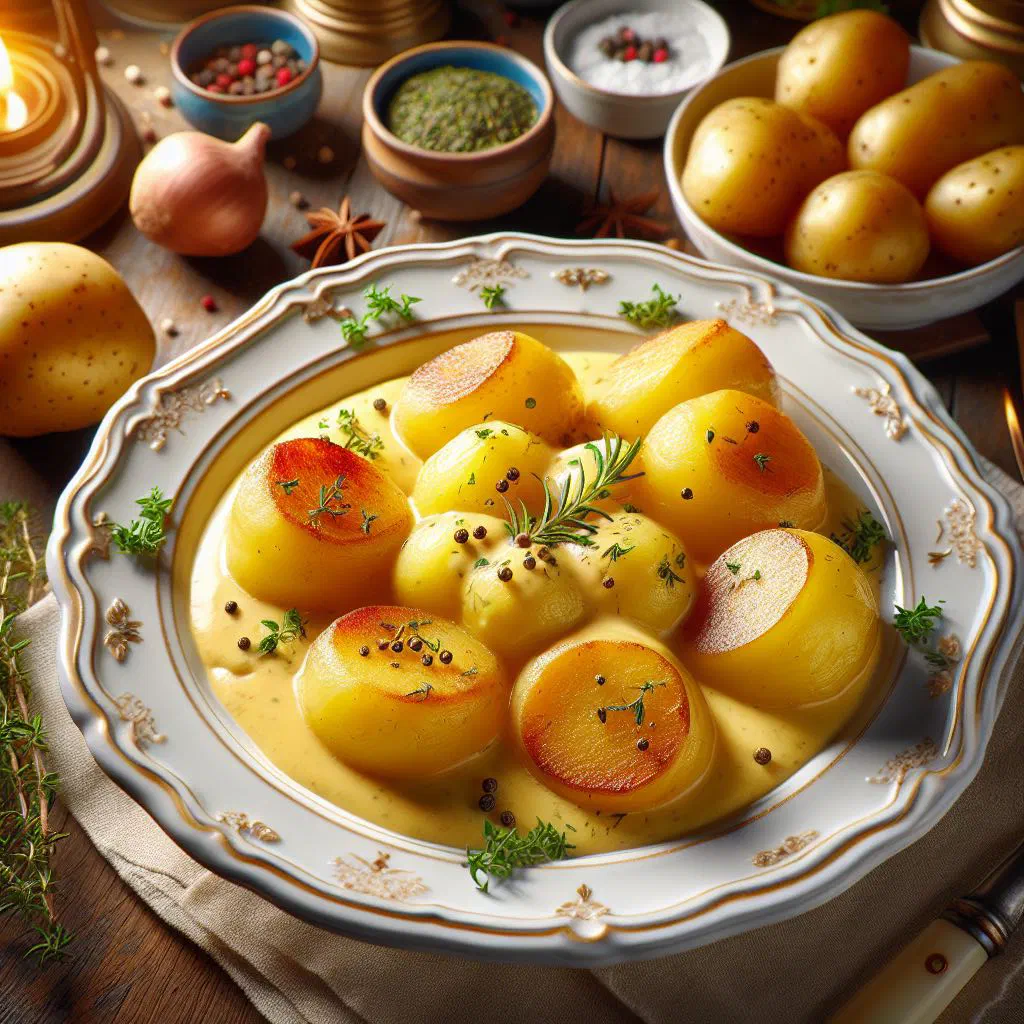 Creamed green beans in a cream sauce served alongside boiled potatoes and fresh parsley