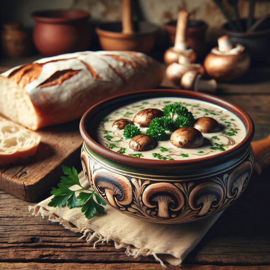 Bowl of creamy mushroom soup garnished with fresh parsley