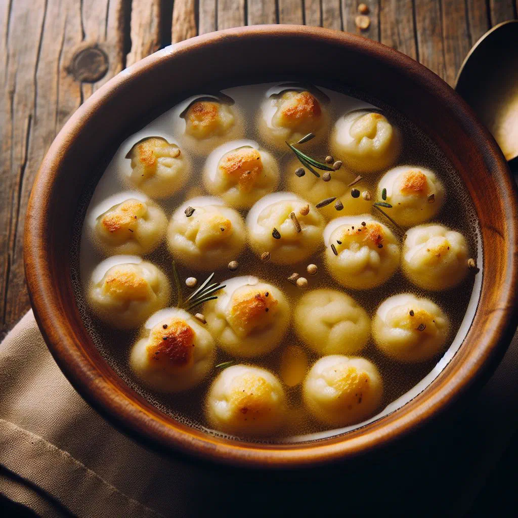 Bowl of clear broth with light semolina dumplings garnished with parsley