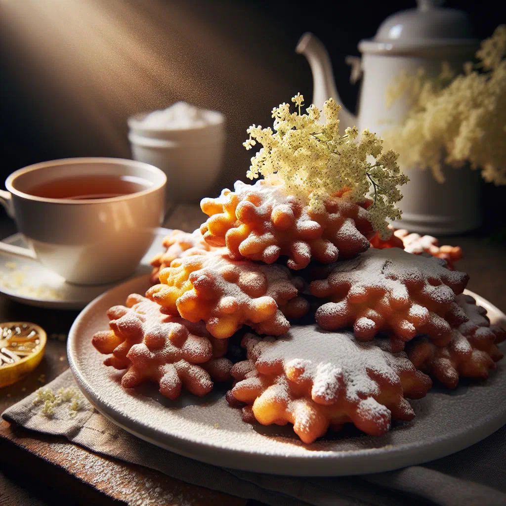 Golden elderflower fritters dusted with icing sugar on a plate