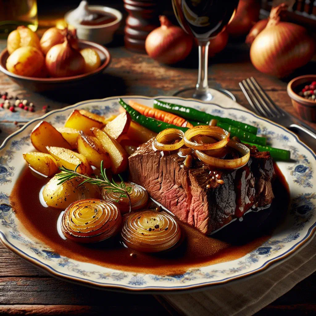 Esterházy roast beef in a rich paprika sauce garnished with fresh parsley