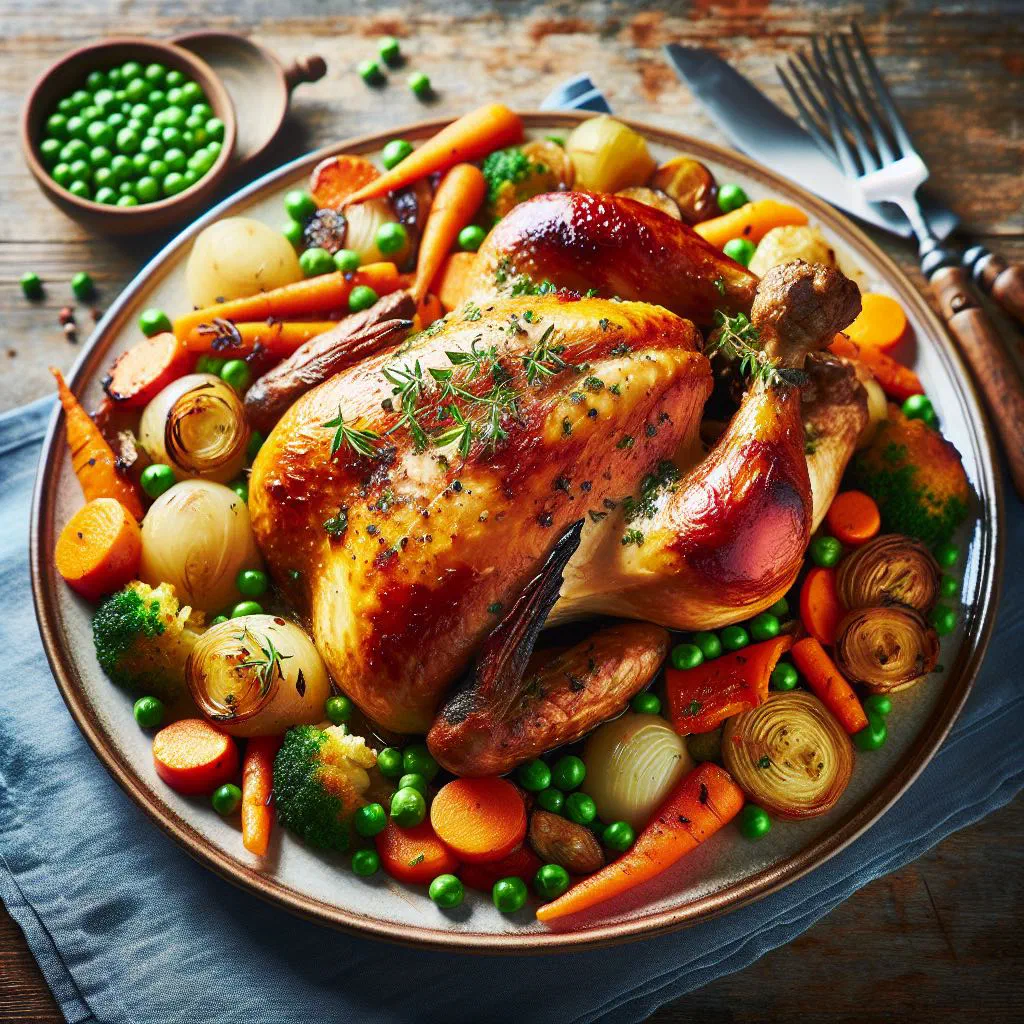 Golden roast farmhouse chicken surrounded by colourful seasonal vegetables