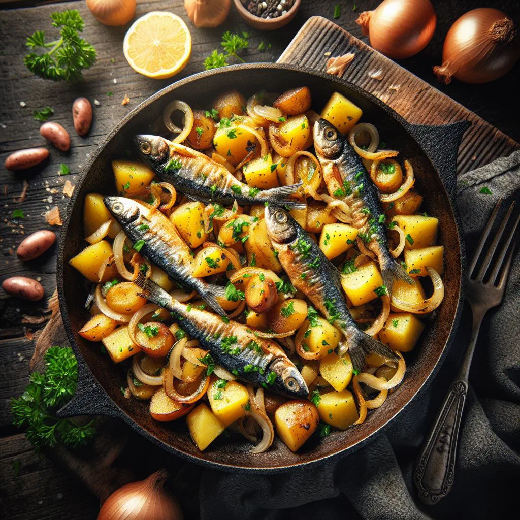 Crispy pan-fried fish gröstl with potatoes, onions and fresh parsley