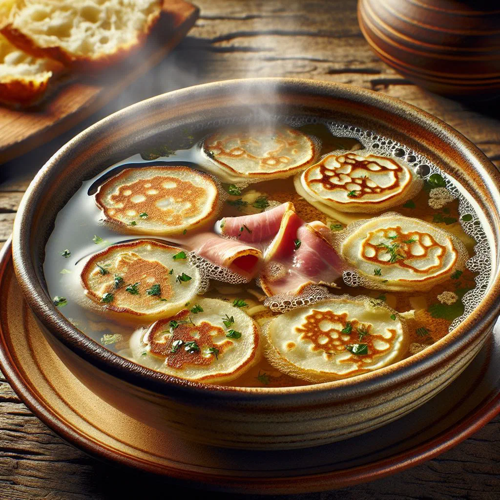 Bowl of Frittatensuppe with fine pancake strips in clear beef broth