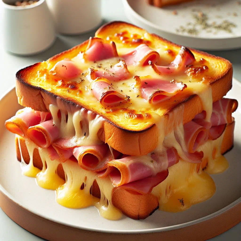 Golden ham and cheese toastie cut in half with melting cheese