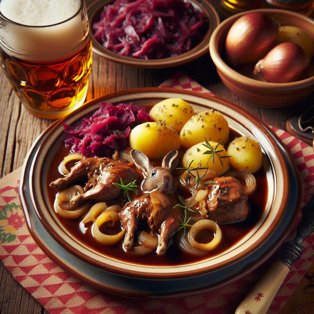 Braised hare in a rich red wine sauce garnished with fresh parsley