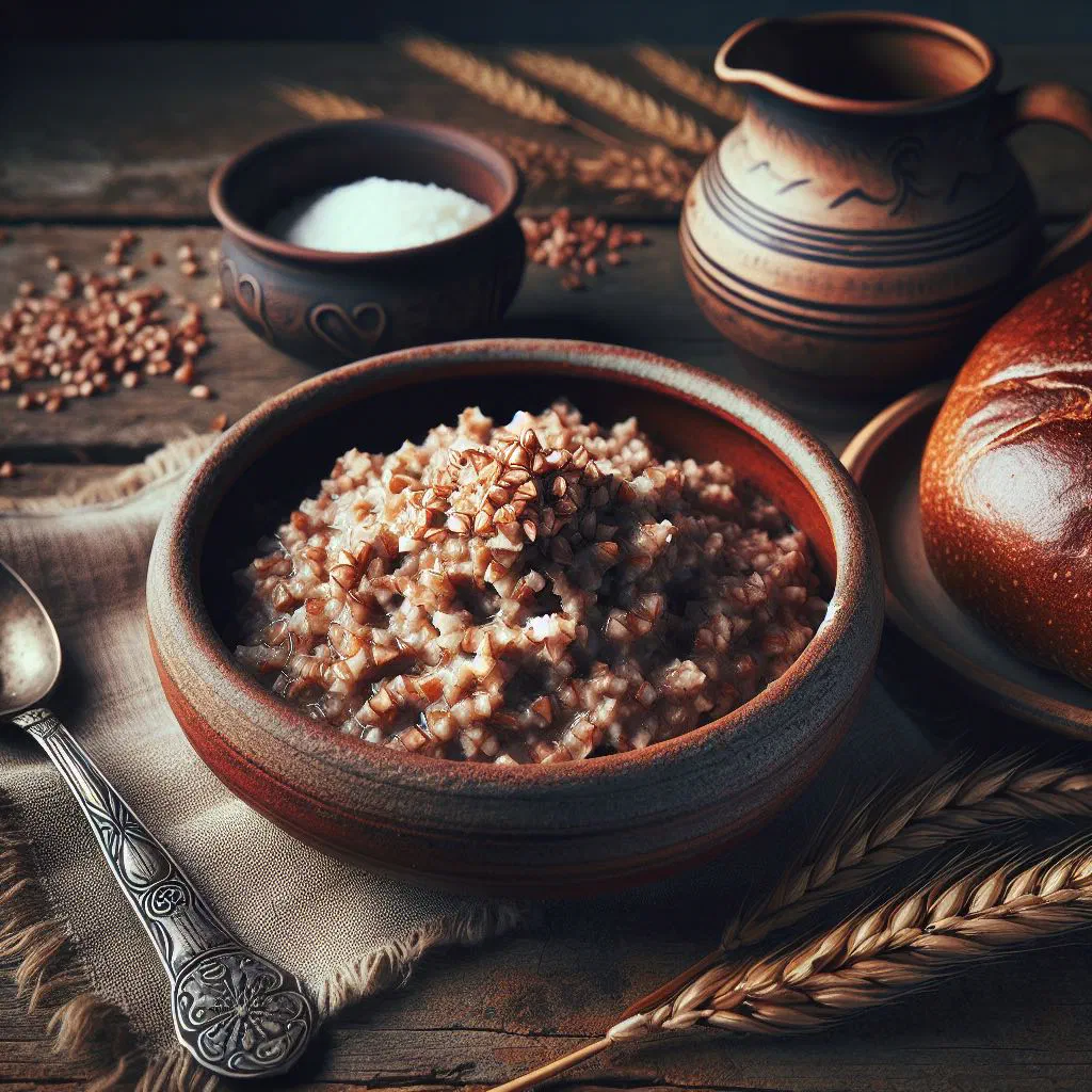 A bowl of crumbly buckwheat Heidensterz topped with crispy bacon and onions