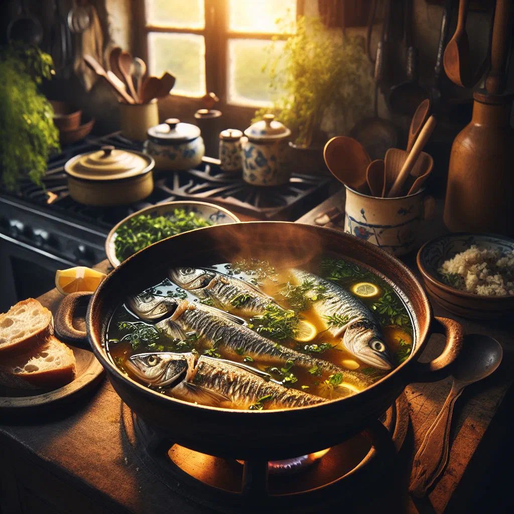 Bowl of Austrian herb fish soup garnished with fresh dill and parsley