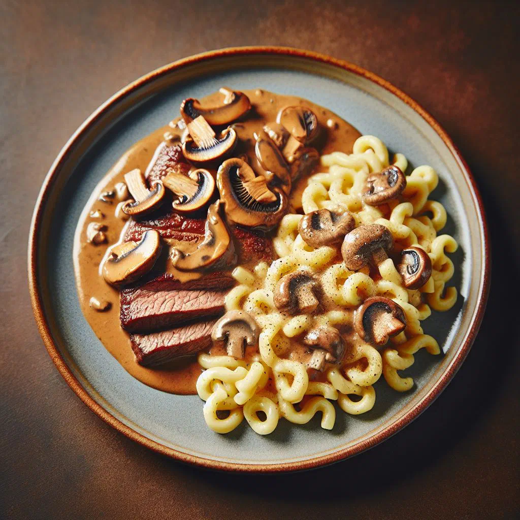 Hunter's pan with tender meat in creamy mushroom sauce served with Spätzle