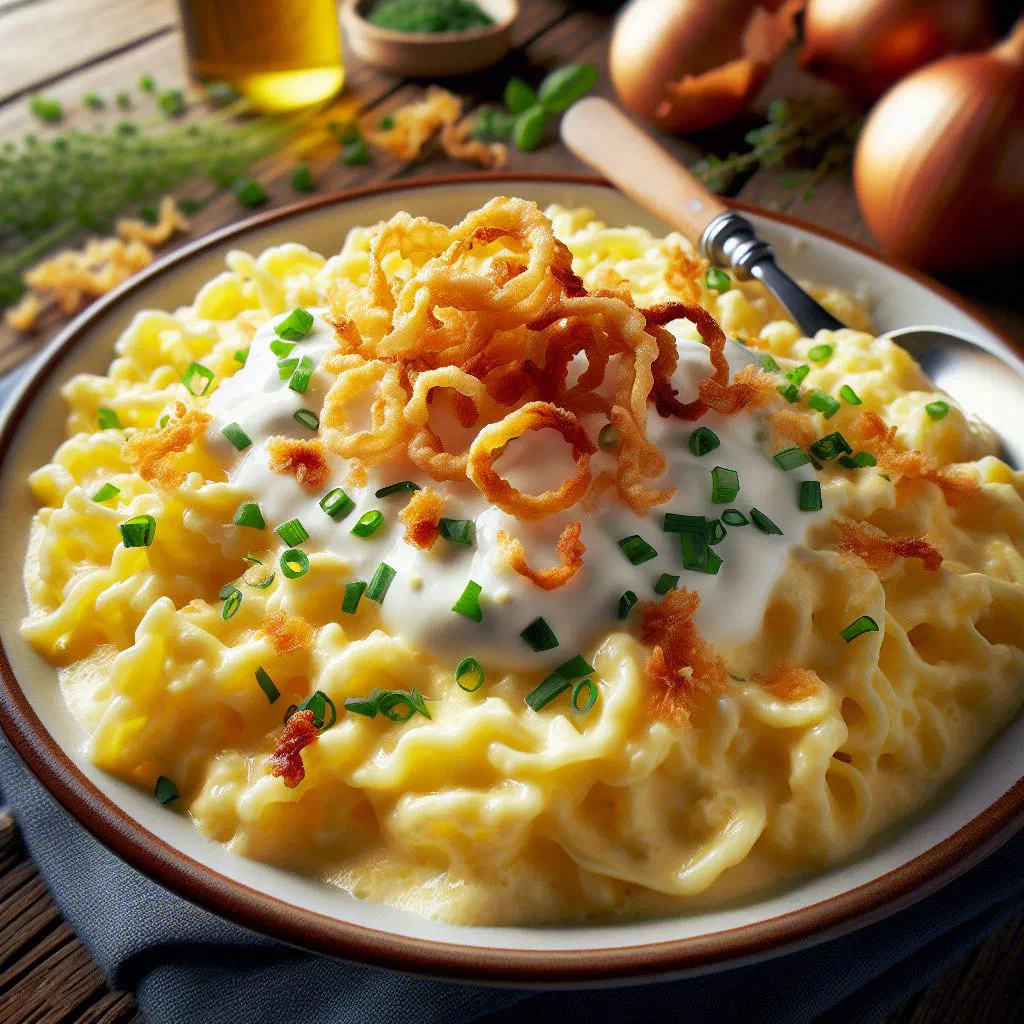 Käsespätzle topped with melted cheese and golden fried onions